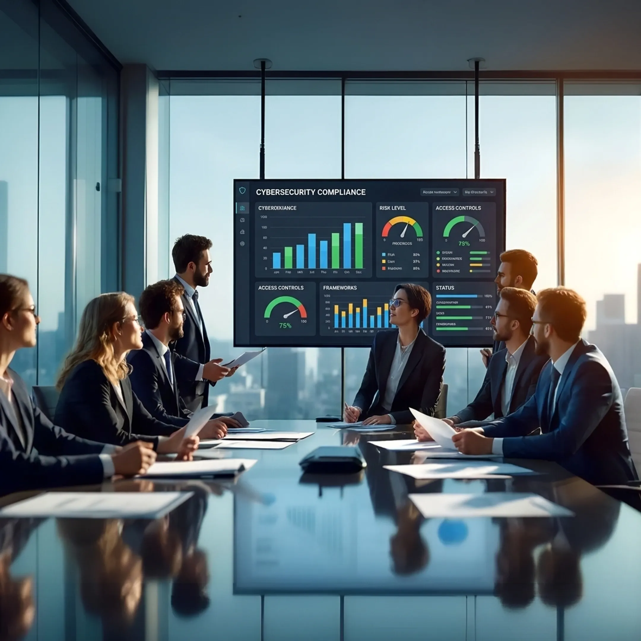 Compliance consultant reviewing security infrastructure architecture
