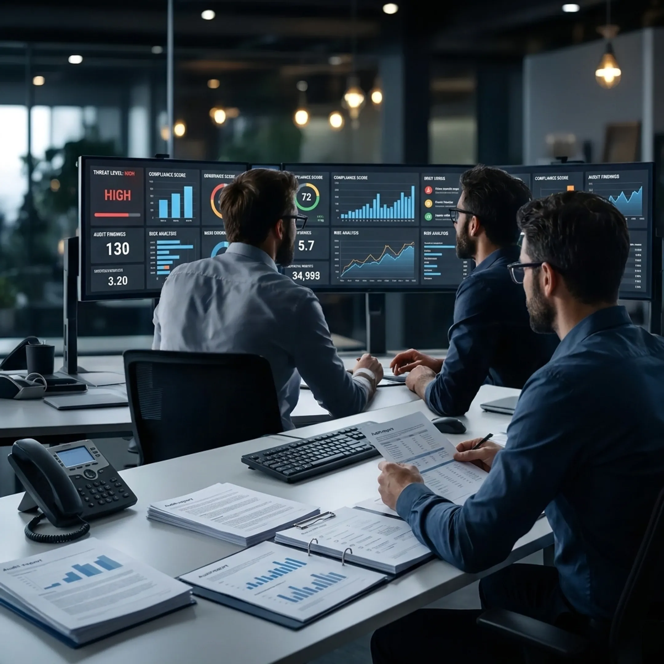 Cybersecurity advisor reviewing compliance framework on digital dashboard