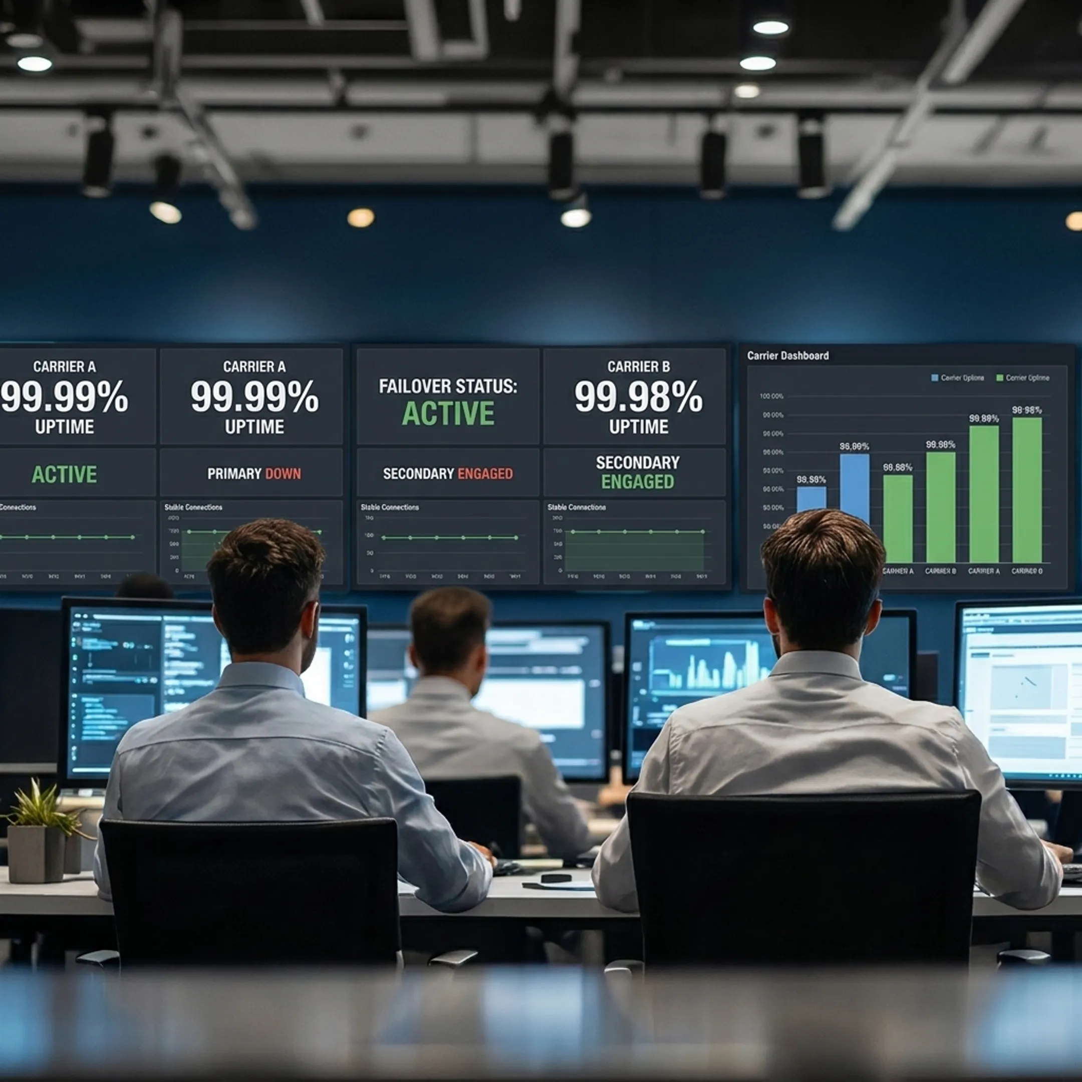Network engineer reviewing failover connectivity dashboards