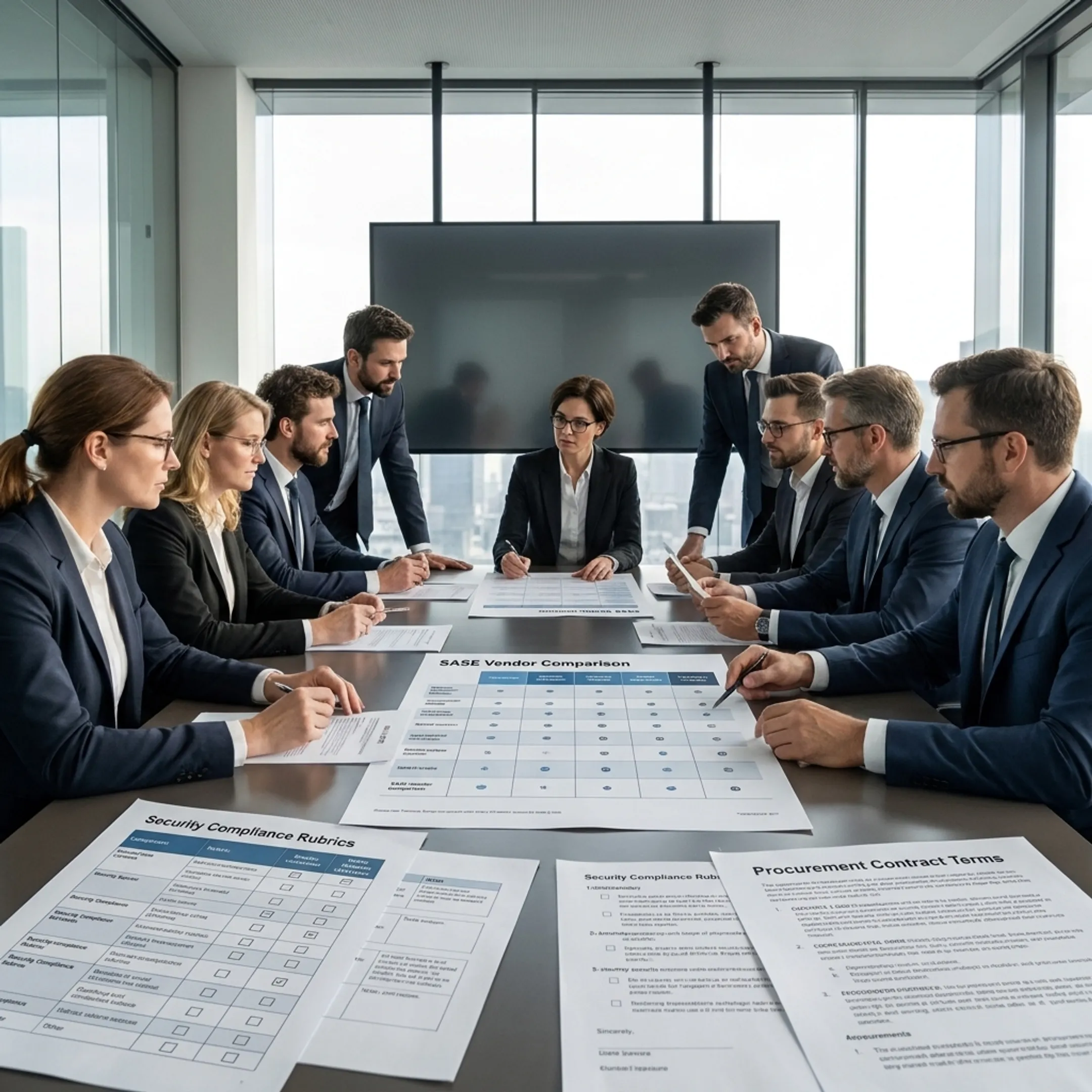Cybersecurity consultants evaluating vendor comparison matrices and RFP scores