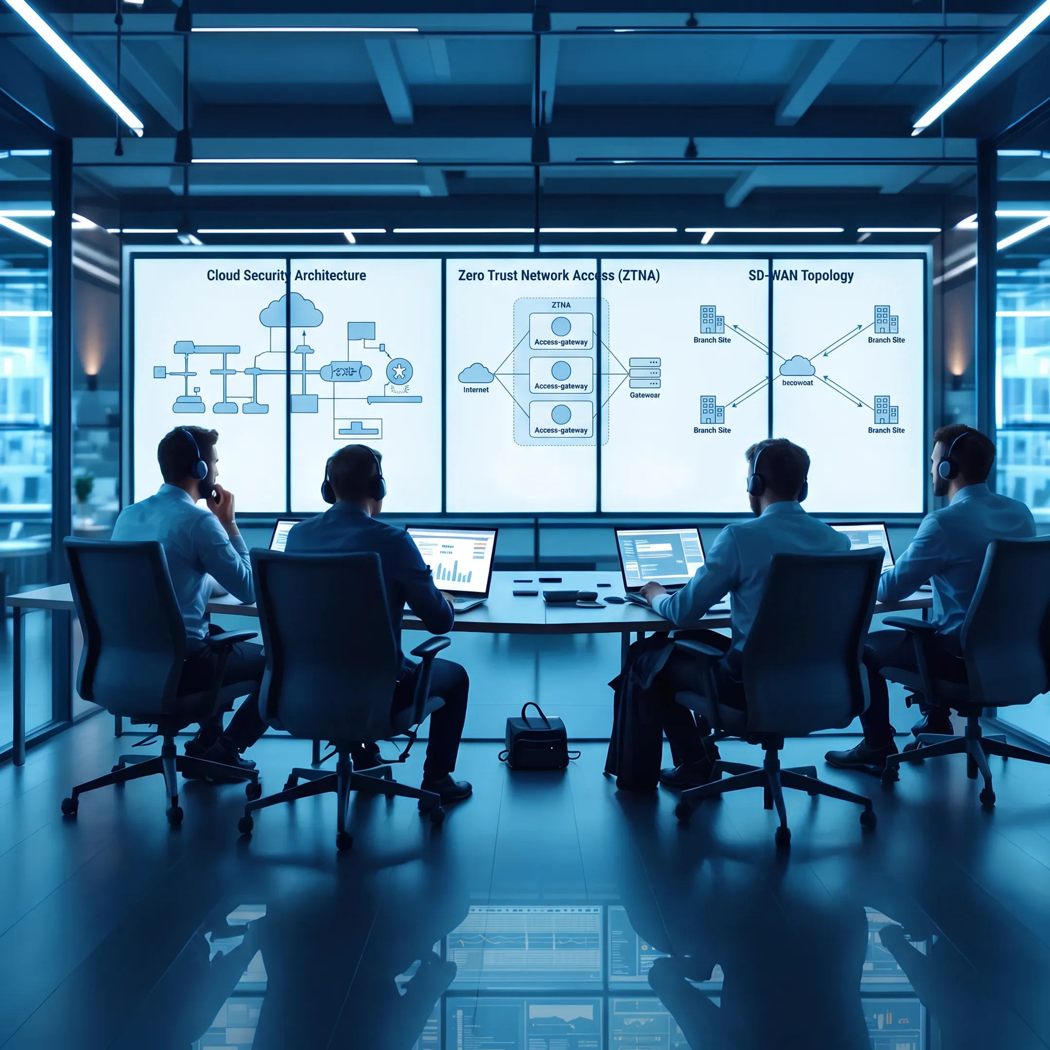 Enterprise IT team reviewing cloud cybersecurity and SASE network architecture diagrams