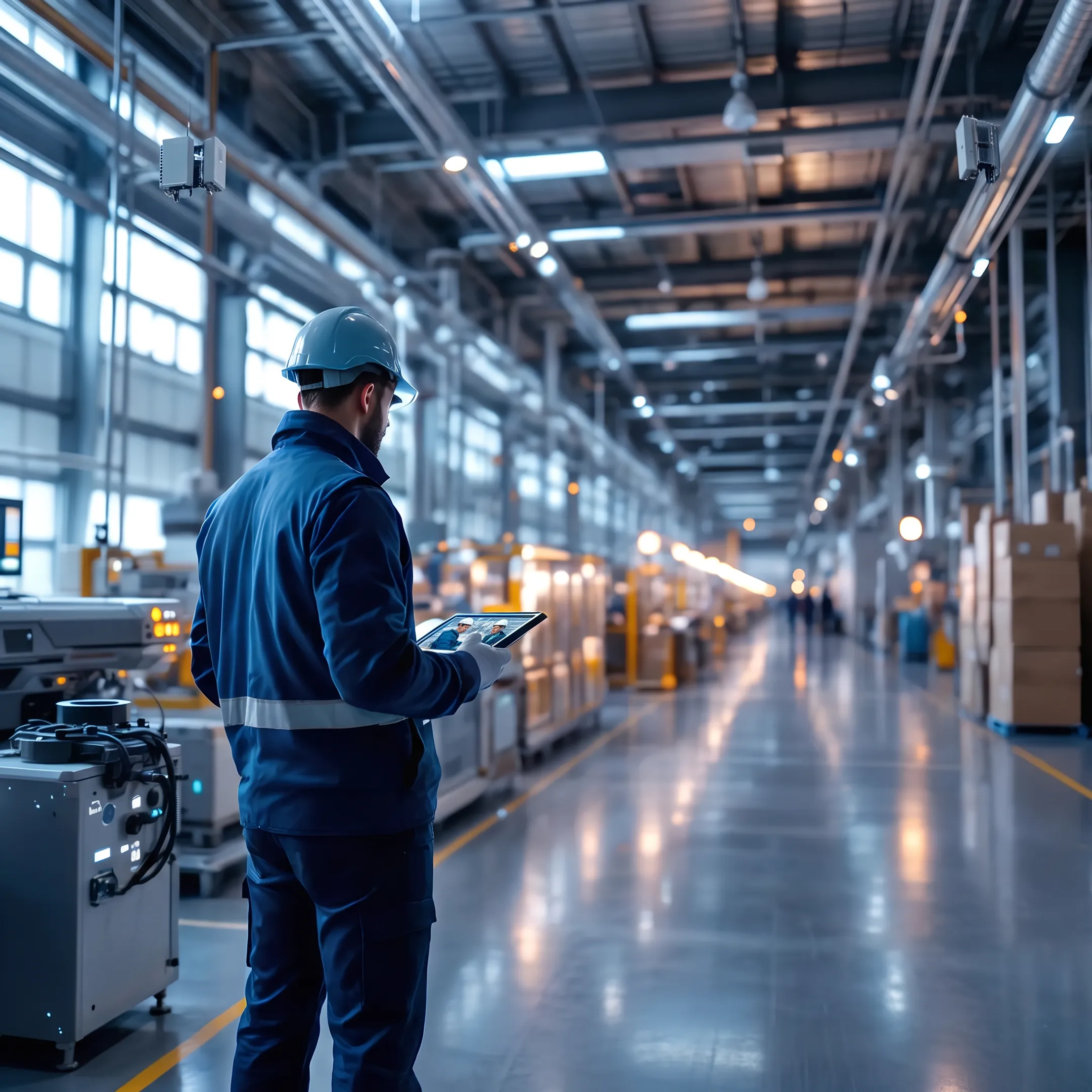 Engineers inspecting private 5G network equipment in a modern automated manufacturing facility.