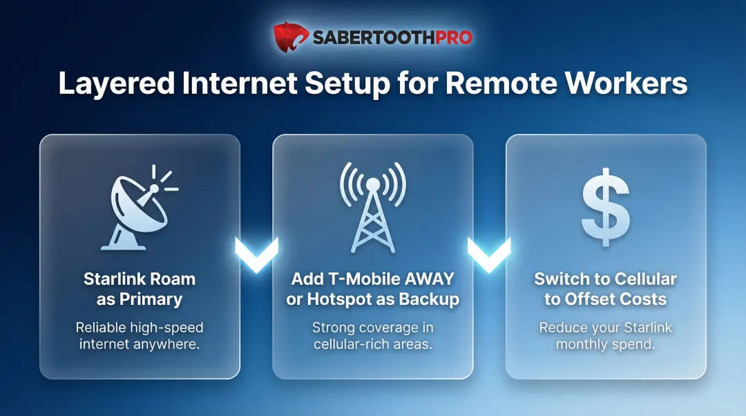 Three-step layered RV internet setup for full-time remote workers infographic