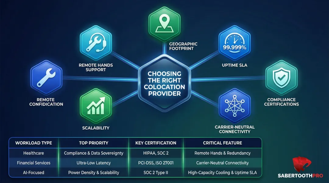 Six-dimension colocation provider evaluation framework by workload type comparison