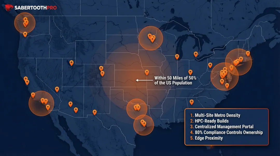 DataBank US edge network coverage map showing 28 locations and population reach