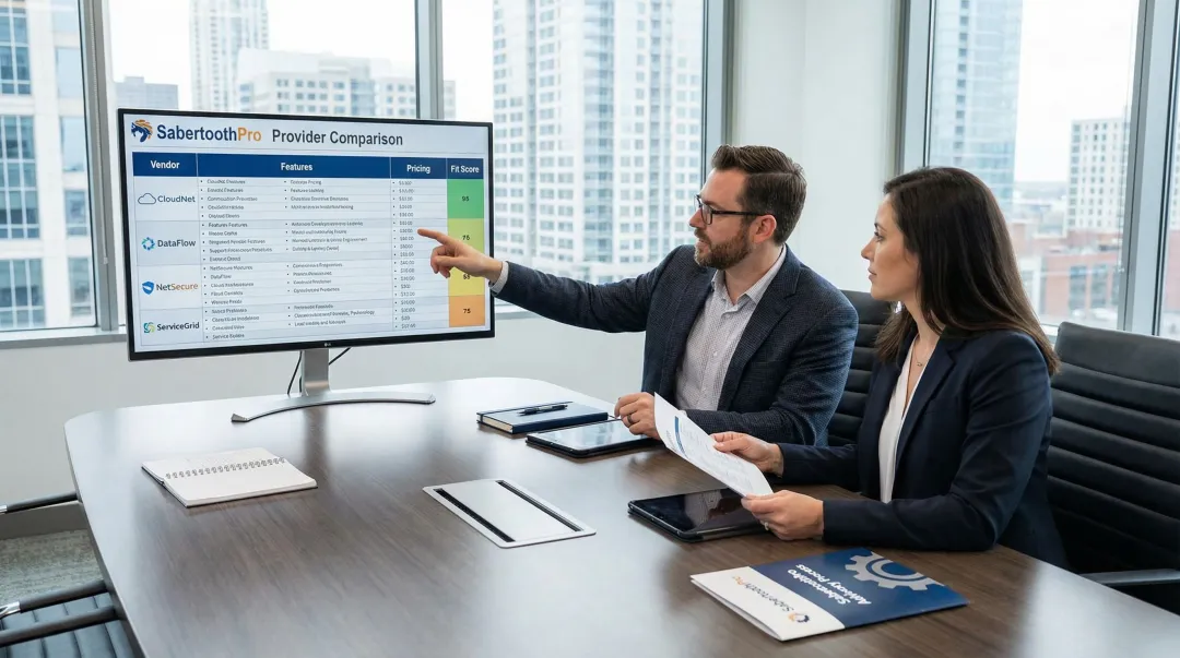 SabertoothPro IT advisor reviewing colocation provider options with client team