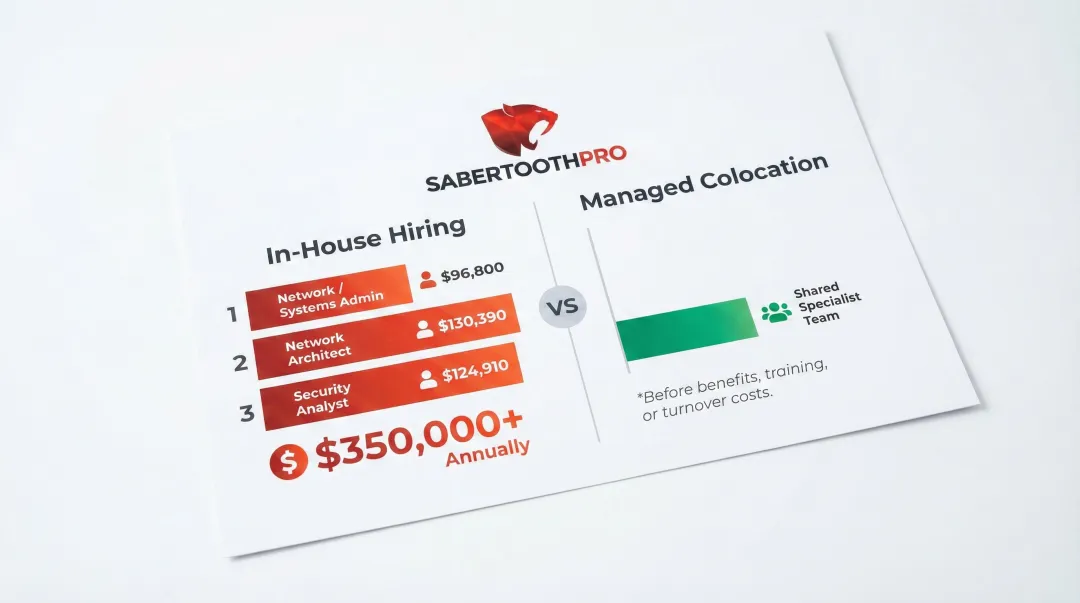 Managed colocation versus in-house IT staffing annual cost comparison infographic
