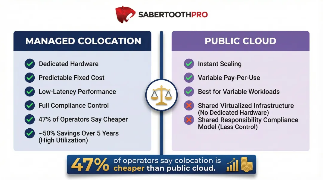 Managed colocation versus public cloud cost and workload suitability comparison chart
