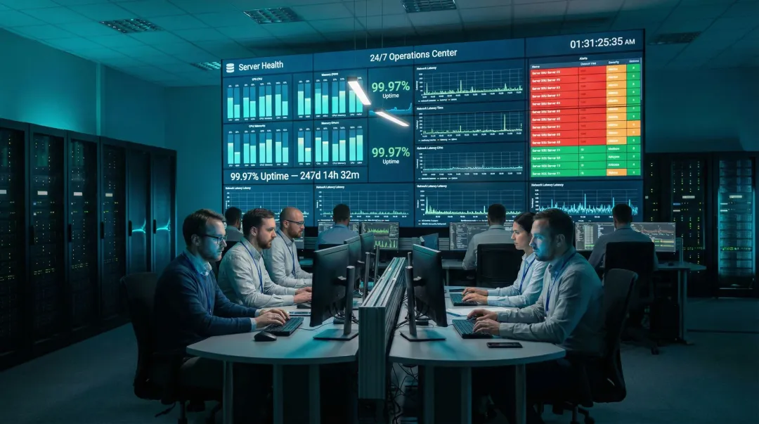 Enterprise data center monitoring operations center with active server infrastructure displays