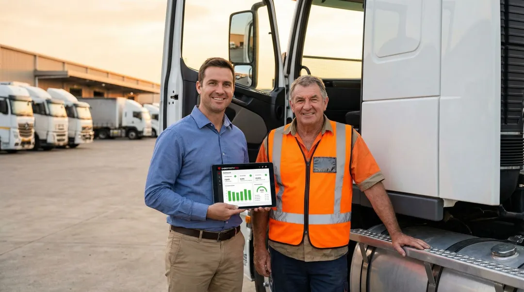 Fleet manager and truck driver reviewing telematics safety scorecard together in cab