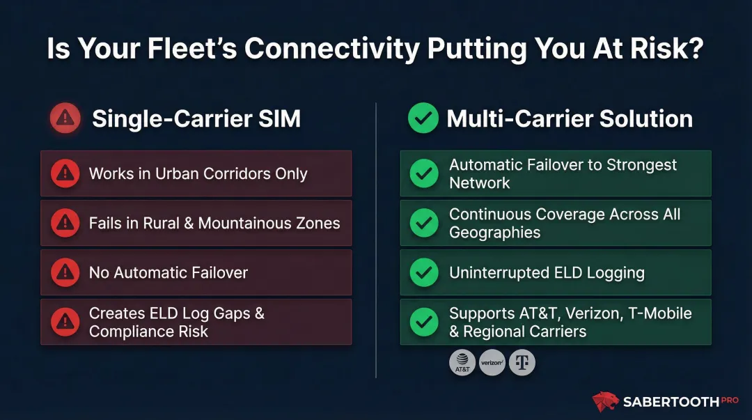 Single-carrier versus multi-carrier telematics SIM connectivity comparison infographic