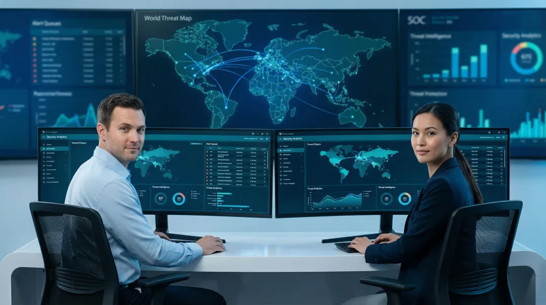 Dedicated cybersecurity concierge team reviewing client threat dashboard in modern SOC