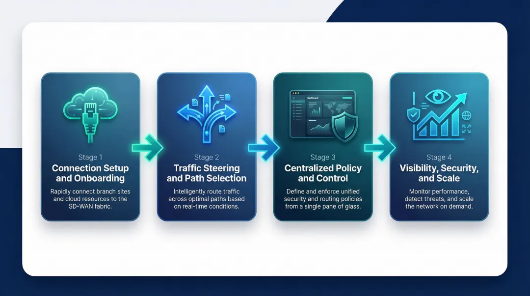 4-stage Cloud SD-WAN traffic flow process from onboarding to outcome delivery