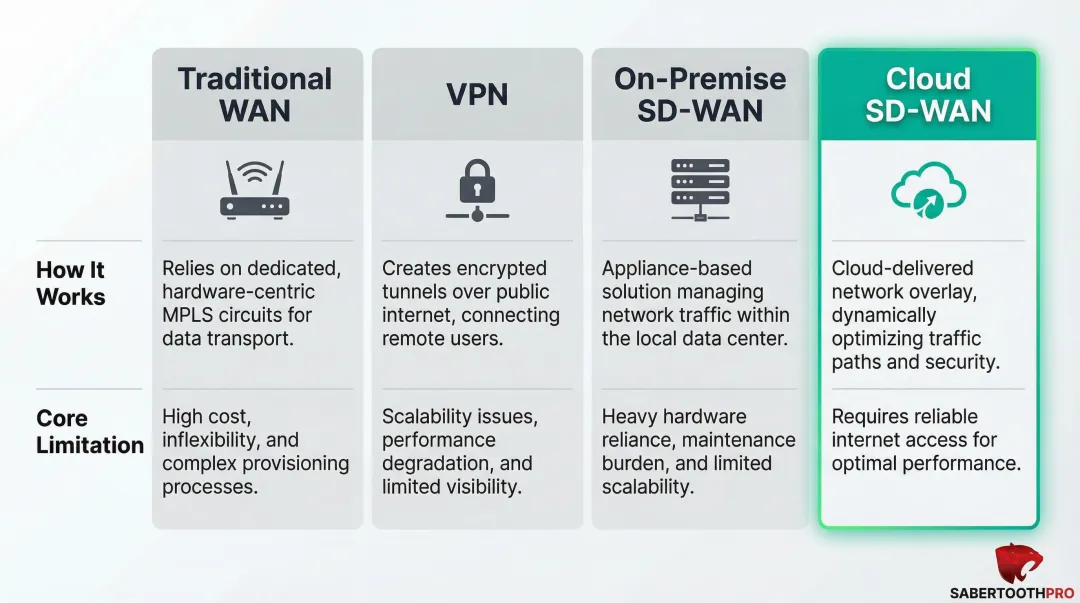 Cloud SD-WAN versus traditional WAN VPN and on-premise SD-WAN comparison chart