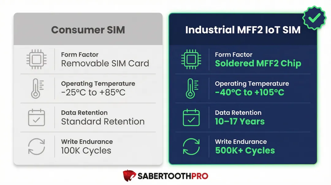 Consumer SIM versus industrial IoT SIM side-by-side feature comparison infographic