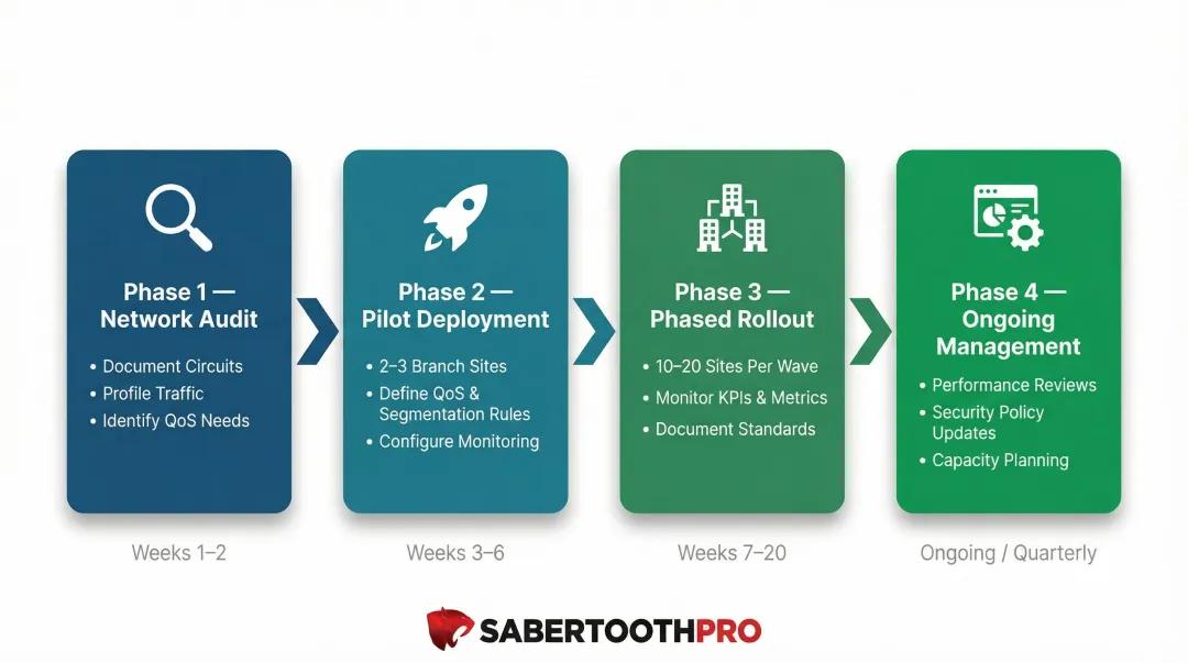 Four-phase SD-WAN implementation roadmap for multi-branch financial institution deployment