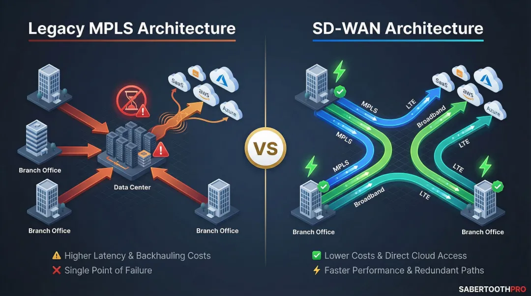 Traditional MPLS hub routing versus SD-WAN direct cloud access architecture comparison