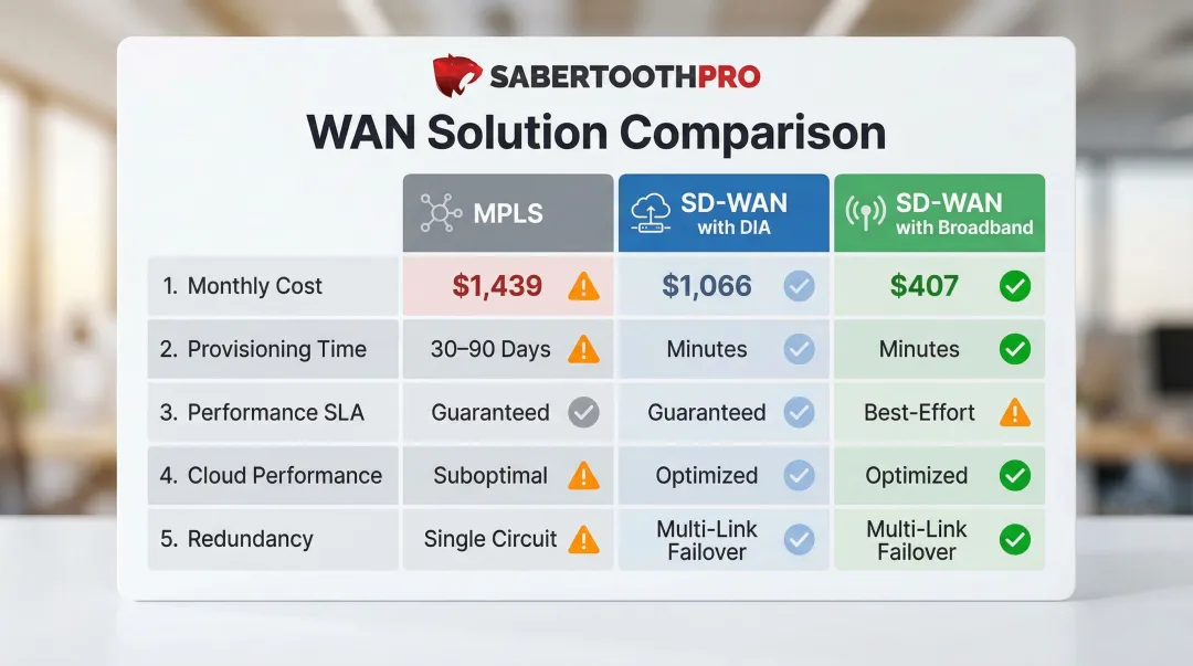 MPLS versus SD-WAN DIA versus SD-WAN broadband six-metric side-by-side comparison chart