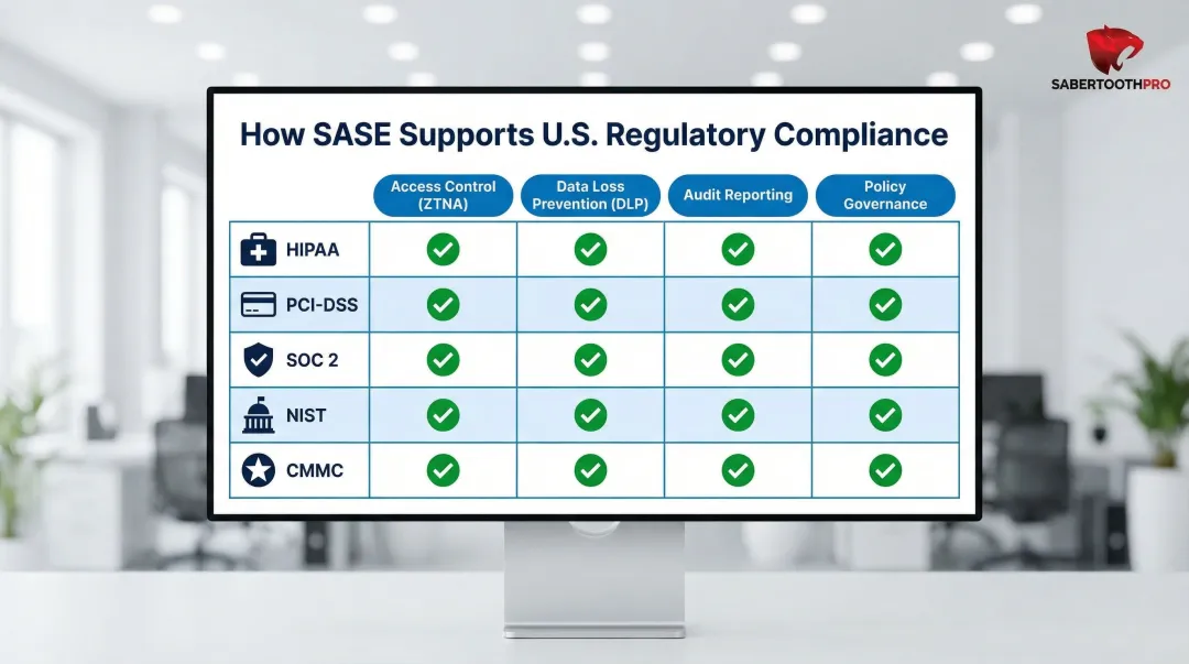 SASE compliance framework coverage mapping HIPAA PCI-DSS SOC2 NIST and CMMC requirements