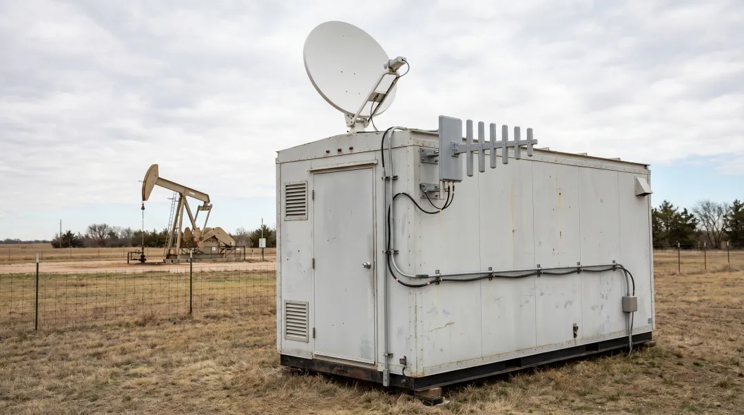Remote oil and gas facility trailer with Starlink dish and cellular antenna mounted outside