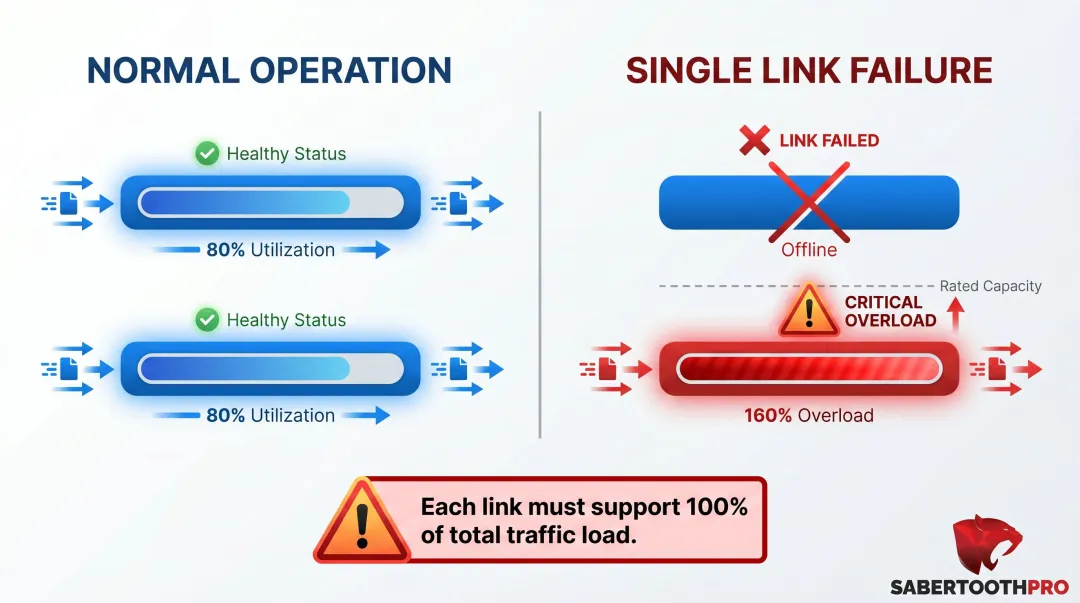 Active-active link capacity planning showing 80 percent utilization single link failure overload scenario