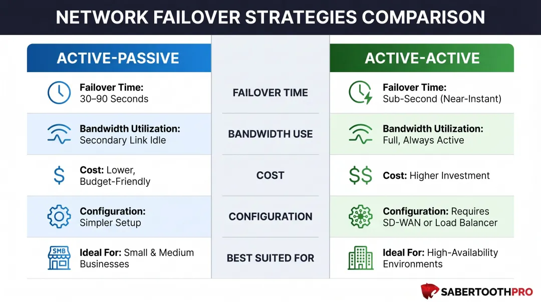 Active-passive versus active-active internet redundancy comparison table infographic