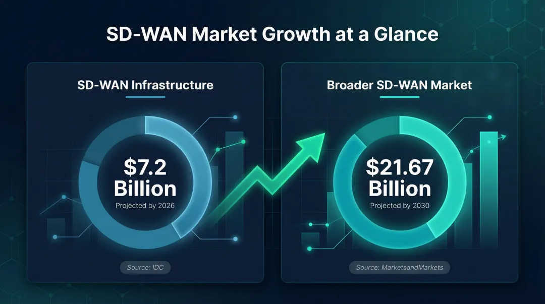 SD-WAN market growth forecast from 2026 to 2030 revenue projections infographic
