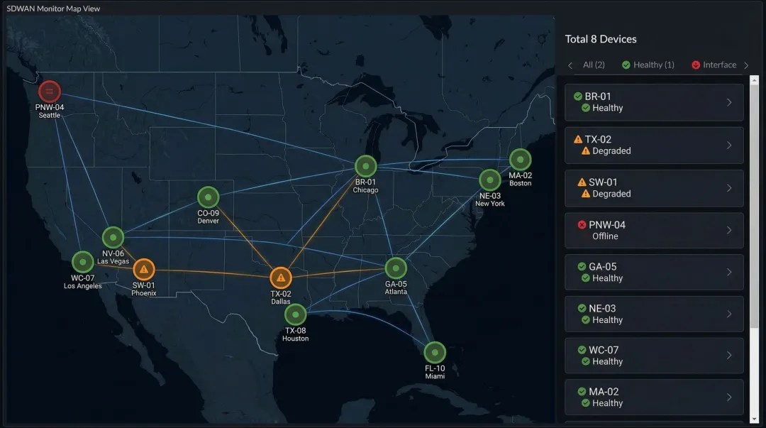 Multi-location retail branch network managed SD-WAN centralized NOC monitoring dashboard