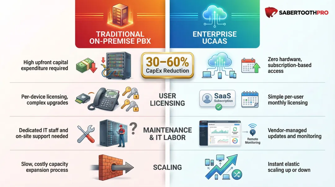 Traditional PBX versus enterprise UCaaS total cost of ownership comparison chart