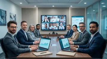 Hybrid financial services team collaborating via video call across branch and remote locations