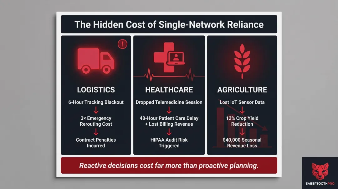 Reactive single-network failure cost comparison across logistics healthcare and agriculture sectors