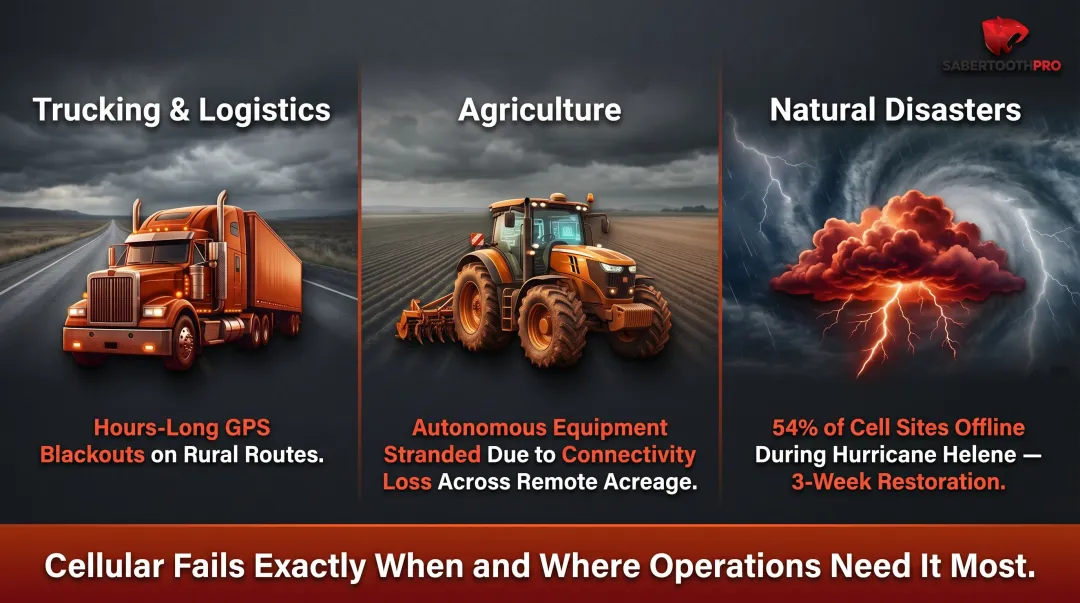 Three cellular network failure scenarios trucking agriculture and natural disasters infographic