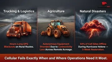 Three cellular network failure scenarios trucking agriculture and natural disasters infographic