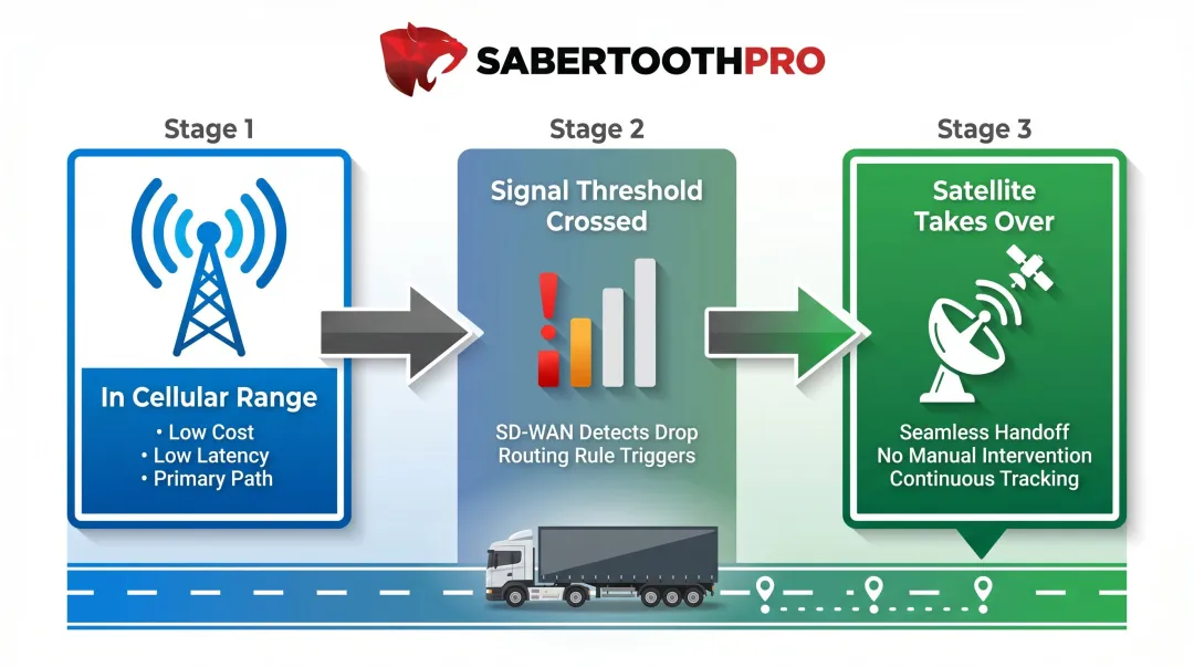 Cellular to satellite automatic failover process flow for mobile fleet operations