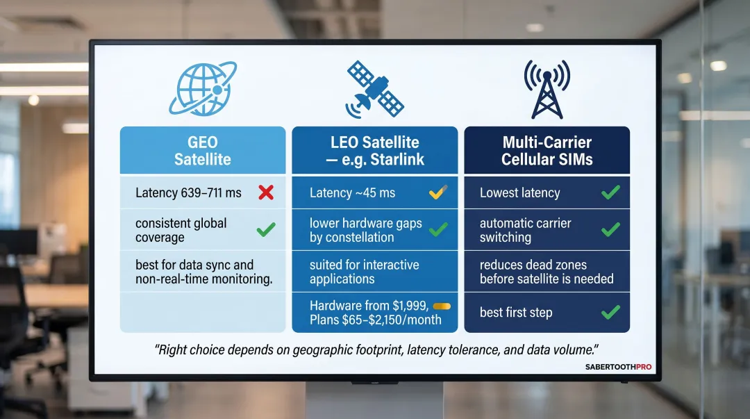 GEO satellite versus LEO satellite versus multi-carrier cellular connectivity comparison chart