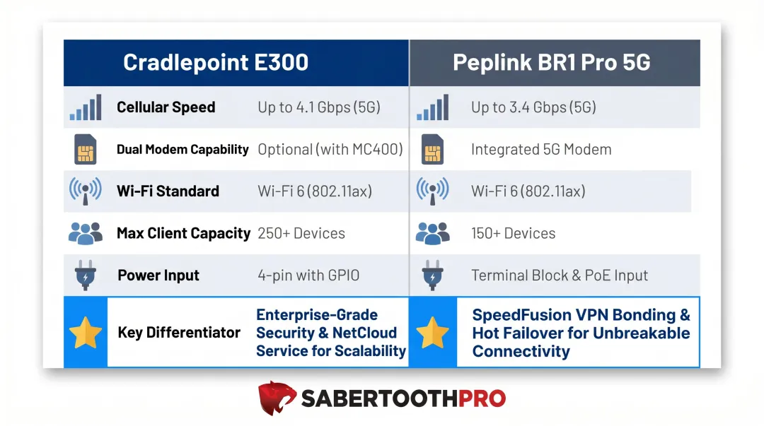 Cradlepoint E300 versus Peplink BR1 Pro 5G enterprise router feature comparison chart