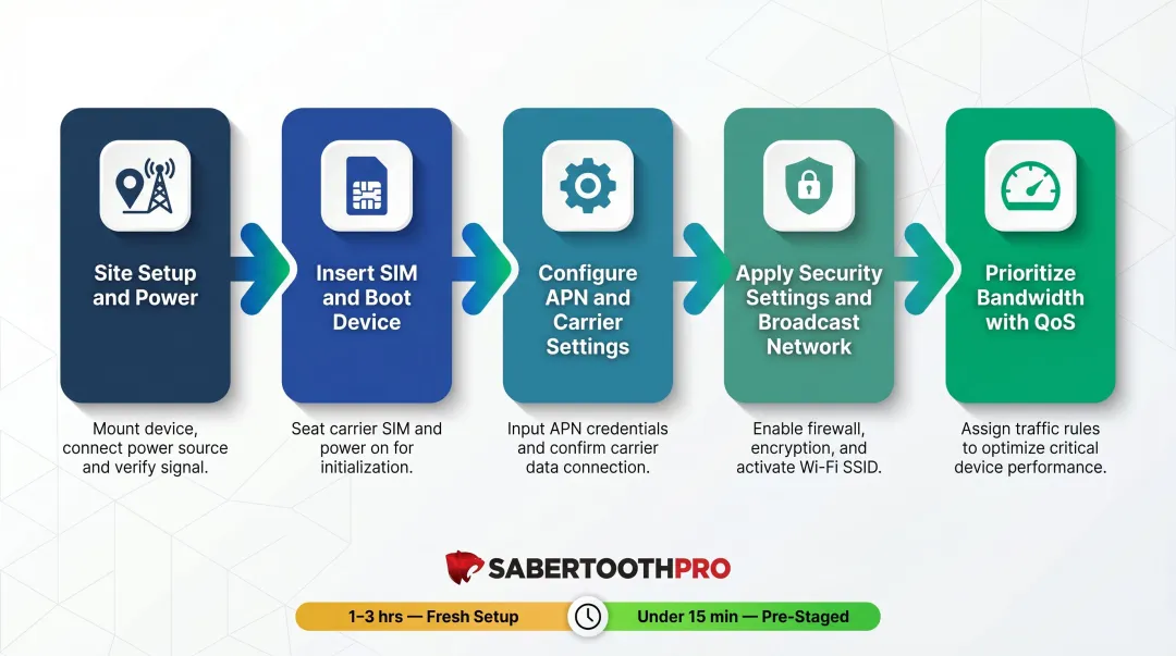 5-step emergency mobile internet deployment process flow from site setup to validation