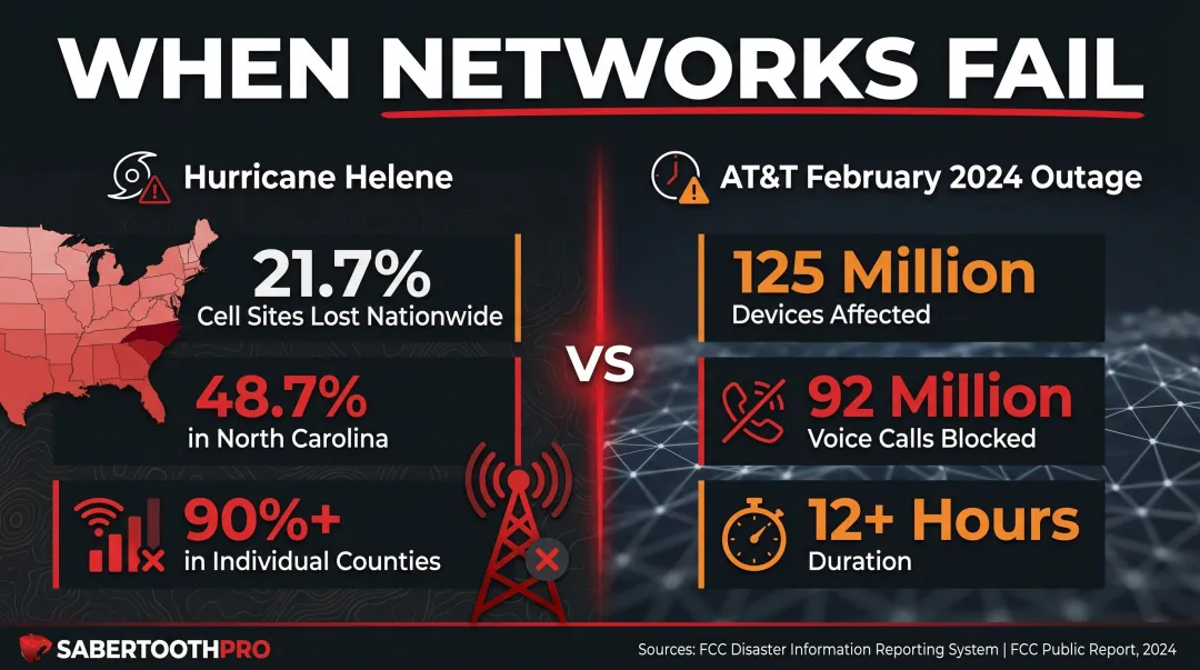 Hurricane Helene and AT&T outage statistics showing cellular network failure impact