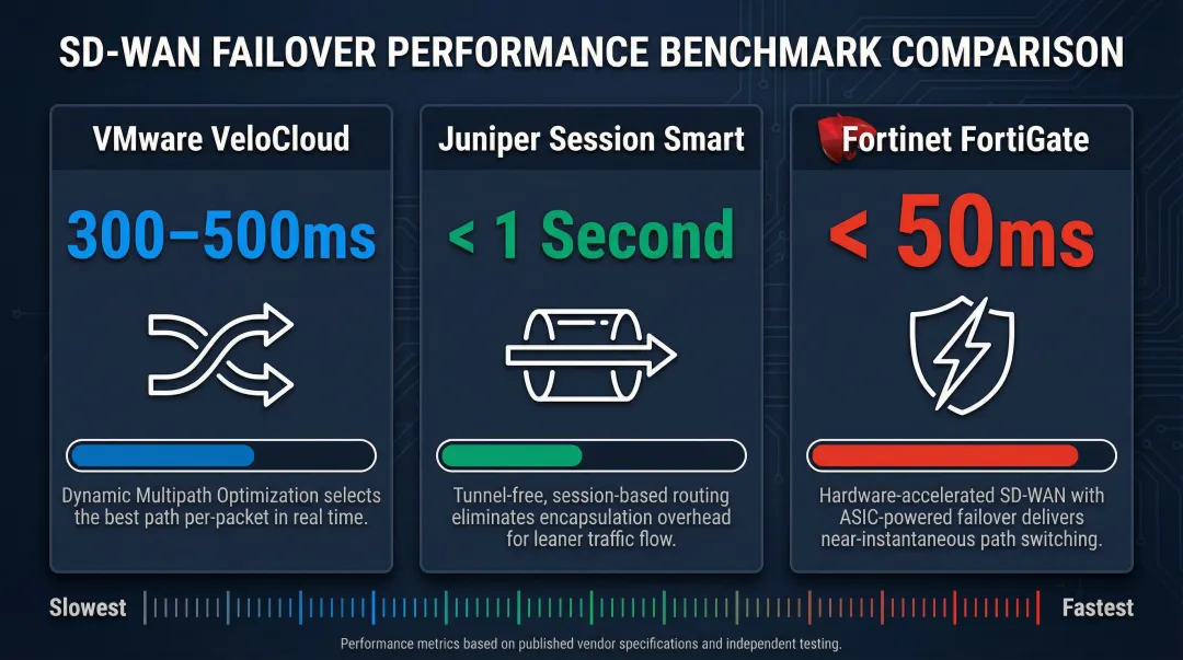 SD-WAN vendor failover time comparison VMware Juniper and Fortinet benchmarks