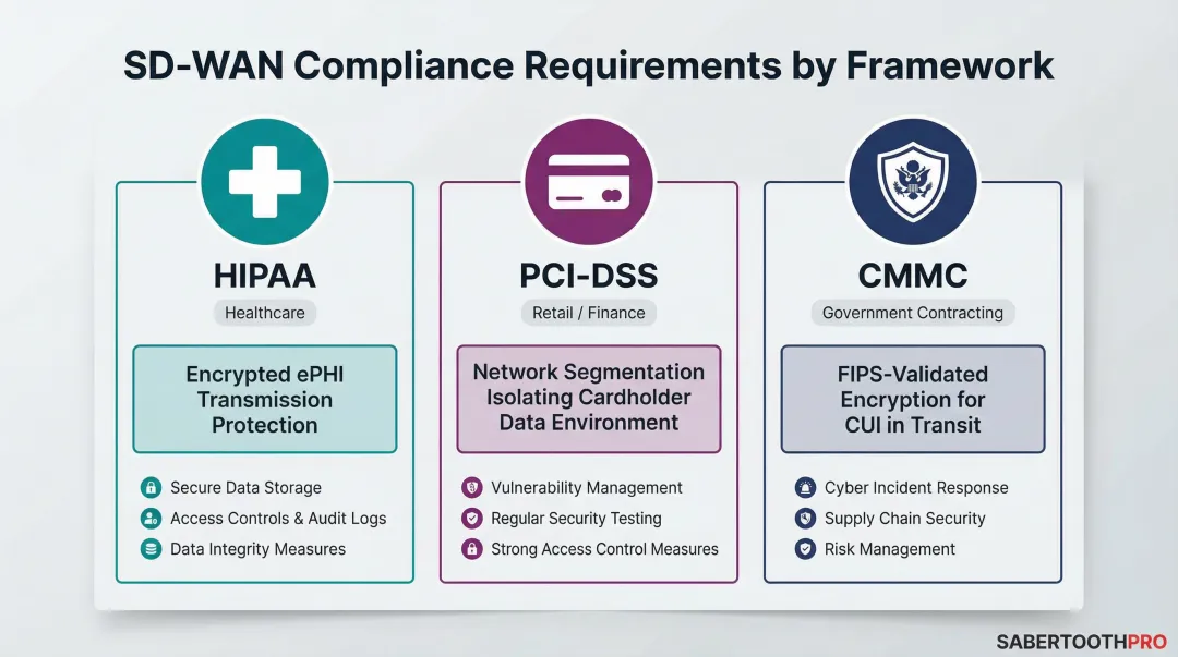 SD-WAN compliance framework requirements for HIPAA PCI-DSS and CMMC industries