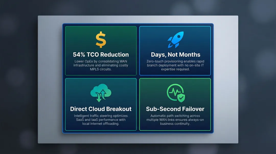 Four key SD-WAN business benefits including TCO savings and deployment speed
