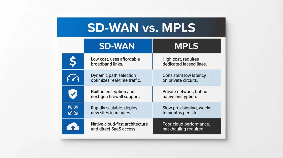 SD-WAN versus MPLS five-factor side-by-side comparison infographic