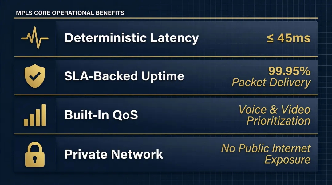 MPLS four core performance guarantees including latency jitter and uptime SLA benchmarks