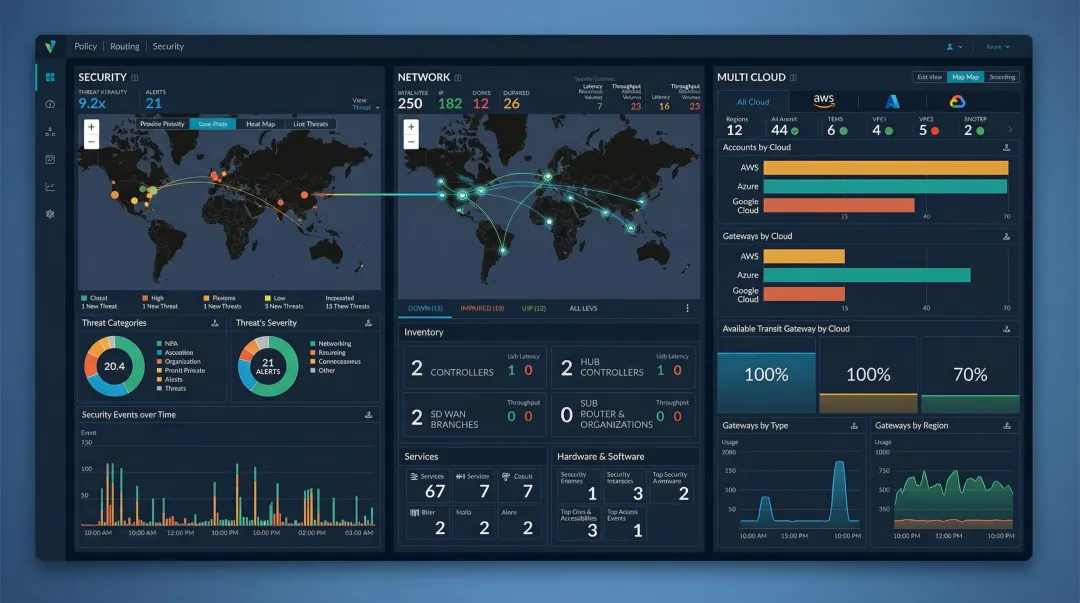 Cloud-native SASE platform dashboard showing unified network and security management console
