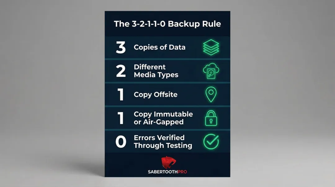 3-2-1-1-0 backup rule infographic showing five ransomware defense data protection layers