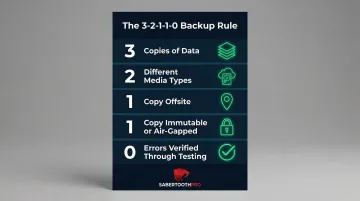 3-2-1-1-0 backup rule infographic showing five ransomware defense data protection layers