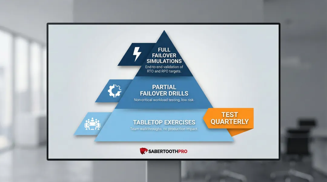 Three-level cloud disaster recovery testing framework from tabletop exercises to full failover simulation