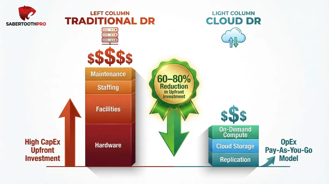 Traditional DR versus cloud DR cost structure comparison showing CapEx to OpEx shift