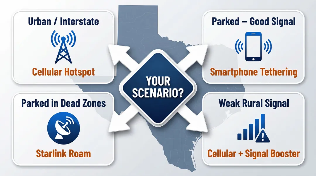 Texas trucker Wi-Fi decision framework four connectivity scenarios flowchart