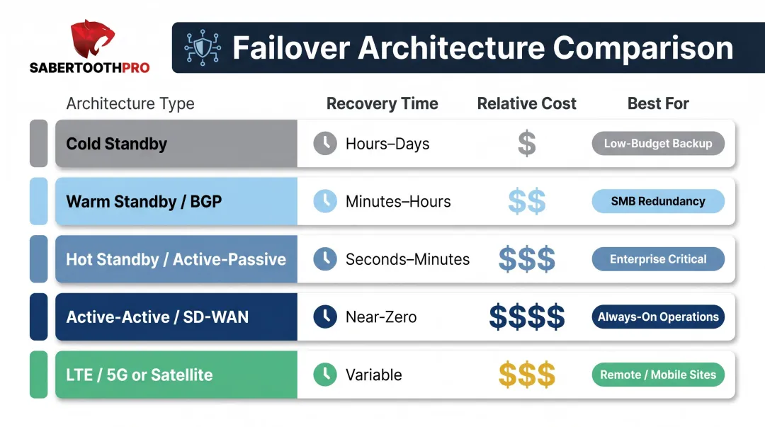 Five failover internet architecture types comparison chart recovery time and cost